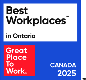 Badge showing Givecloud was awarded a "Best Workplaces in Ontario" designation by Great Place to Work